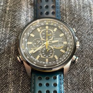 Citizen Men's Eco-Drive World Chronograph Blue Angels Watch Leather Strap